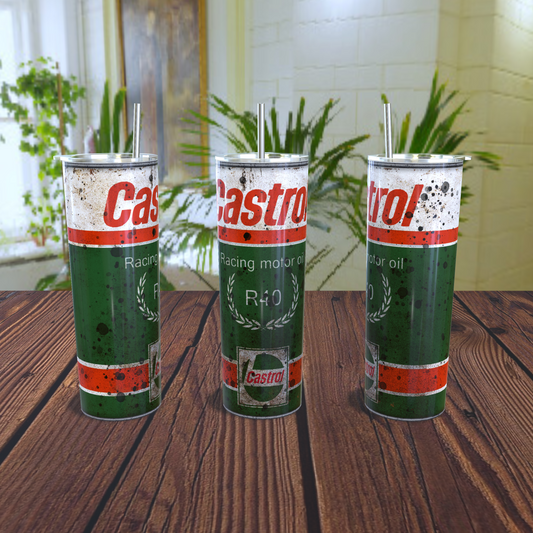 Printed Tumbler 20oz skinny Castrol Racing motor oil vintage distressed