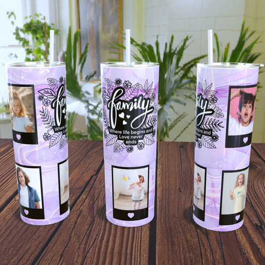 Family where life begins and love never ends design photo tumbler 20oz skinny