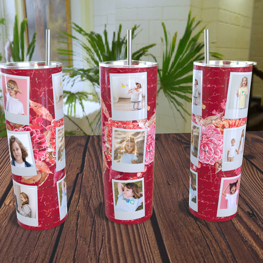 Pink flowers writing design photo tumbler 20oz skinny